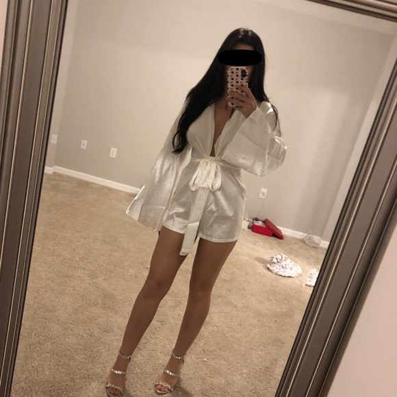 PrettyLittleThing Pants - WHITE LEOPARD PRINT SATIN TIE FRONT PLUNGE ROMPER